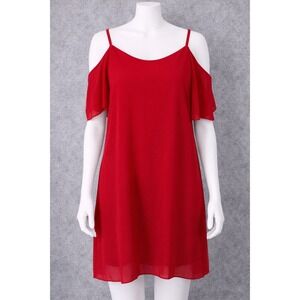 Red Cold Shoulder Mini Dress Chiffon Spaghetti Strap Shift Tunic